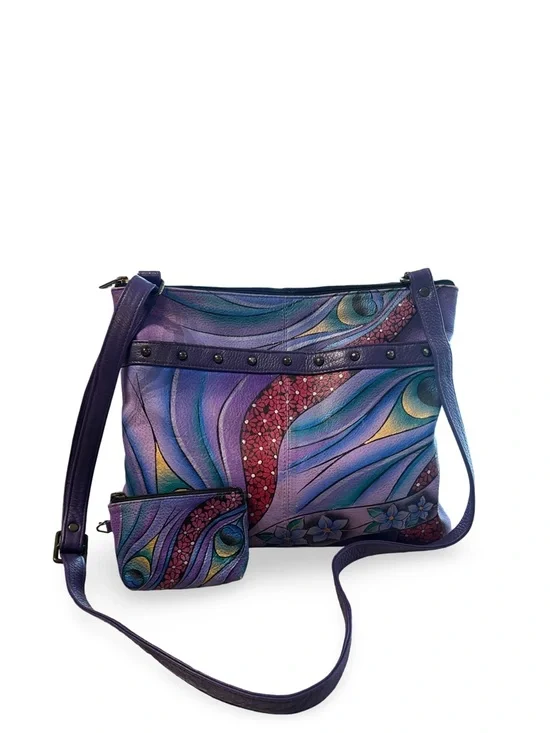 Anuschka Hand-Painted Leather Peacock Crossbody with Matching Coin Pouch - Picture 1 of 10